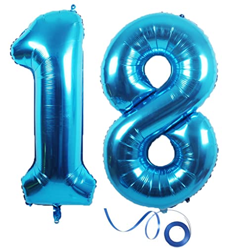 XXL Folienballon 18 Geburtstag, Folienballon Zahl 18, Folienballon Zahl 18 Blau, Luftballons Zahl 18, Nummer 18 Luftballon Blau Junge Mädchen, Folienballon 40" Geburtstagsdeko Ballon Zahl 18 von Haosell