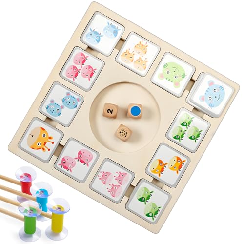 Farbbrettspiel,Action Spiel Kinder mit 96 Tierkarten 3 Würfel und 4 Saugnapfstäbe,Montessoris Spiel Brettspiel aus Holz,4-5-6-7 Jahre Geburtstagsgeschenk,Lernspiele für Familie und Freunde von Haoutdory