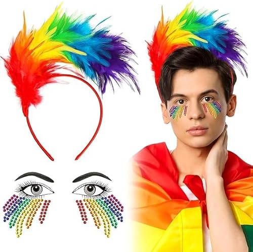 Haoyaru Gay Pride Haar-Accessoires, Bogen – Himmel Feder Stirnband + Bogen – Himmel Gesicht Kristall selbstklebend Feder Stirnband Bogen – Himmel Cosplay Karneval Kostüm von Haoyaru