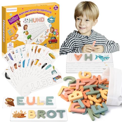 Haozozo Buchstaben Lernen Lernspiele ab 3-8 Jahre, Holz Montessori Spielzeug ab 3-8 Jahre Junge Mädchen Kinderspielzeug ab 3-8 Jahre Steckpuzzle Einschulung Geschenk（B） von Haozozo