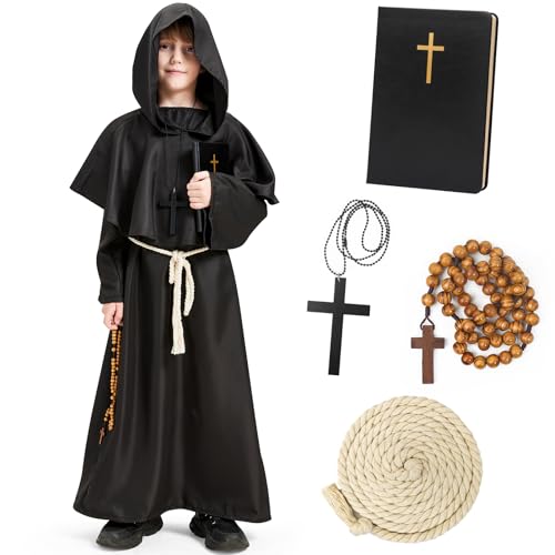 Haozozo Mönch Kostüm Kinder, Mittelalter Halloween Kostüm Kinder Jungen Priester Kostüm Halloween Karneval Party Rollenspiele Outfit Set Mit Klassische Rosenkranz & Notizbuch Im Bibelstil von Haozozo