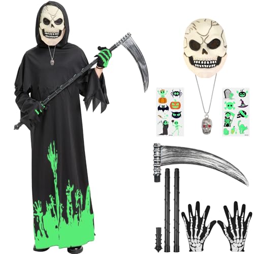 Haozozo Halloween Sensenmann Kostüm Kinder mit Dunkel Leuchtendem Jumpsuits, Dunkel Leuchtender Latexmaske, Handschuhen und Sense (5-8 Jahre) von Haozozo