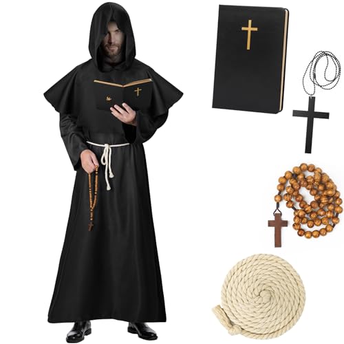 Haozozo Mönch Robe Priester Gewand Halloween Kostüm mit Kapuze und Kreuz Ornament Taillenseil (XL) von Haozozo