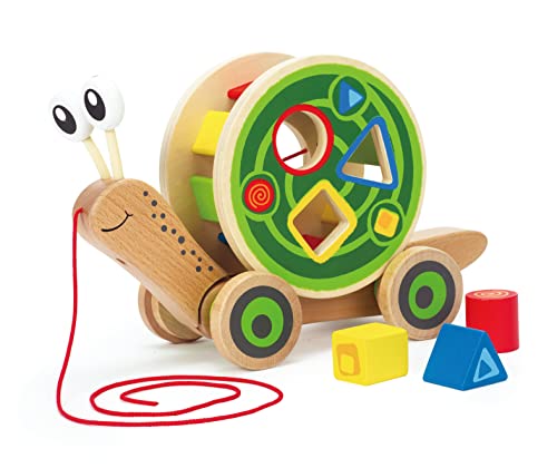 Hape Schnecke Ziehspielzeug |Preisgekrönt Kleinkind Schiebe- und Ziehspielzeug aus Holz mit abnehmbarem Schneckenhaus und buntem Formensortierer, lustiges Lernspielzeug für Kinder von Hape