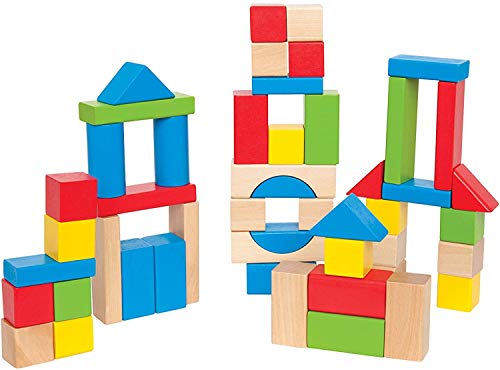 Hape Bunte Holzbausteine für Kinder von Hape | Holzbausteine-Set zum Stapeln Lernspielzeug für Kleinkinder, 50 leuchtend bunte Holzbausteine in unterschiedlichen Formen und Größen von Hape