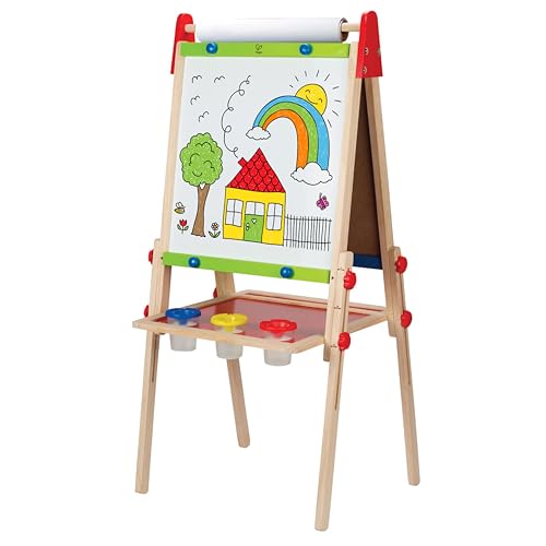 Hape Kinder Spiel-Tafel aus Holz| Preisgekrönte doppelseitige Kindertafel höhenverstellbar mit Papierrolle, Kreidetafel, Whiteboard, Magnete und 3 Malschüsselchen von Hape