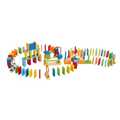Hape Domino-Set aus Holz | Preisgekröntes Set aus Dominosteinen für Kinder, 107 stabile Dominosteine für vergnügliches Bauen und Stapeln von Hape