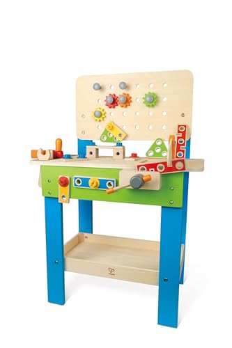 Hape Meister-Werkbank | Preisgekrönte Werkzeugbank für Kinder aus Holz Spielzeug Spiel kreatives Bauen, Höhenverstellbar 35-teilige Werkstatt für Kleinkinder von Hape