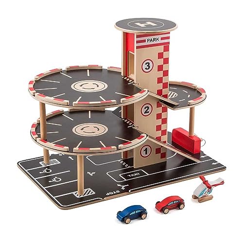 Parkhaus Spielset aus Holz von Hape | Autogarage auf drei Ebenen mit Autos und Hubschrauber von Hape