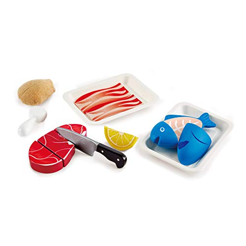 Hape Fisch & Fleisch Set von Hape| Fantasiespiel aus Holz Lebensmittel-Set für Kinder, Kochset mit Zutaten und Zubehör mit Klettverschluss von Hape