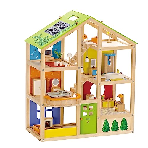 Hape Vier-Jahreszeiten Puppenhaus aus Holz von Hape | Preisgekröntes dreistöckiges Puppenhaus mit Mobiliar, Zubehör, verschiebbaren Treppen und wendbarem Dach für jede Jahreszeit von Hape