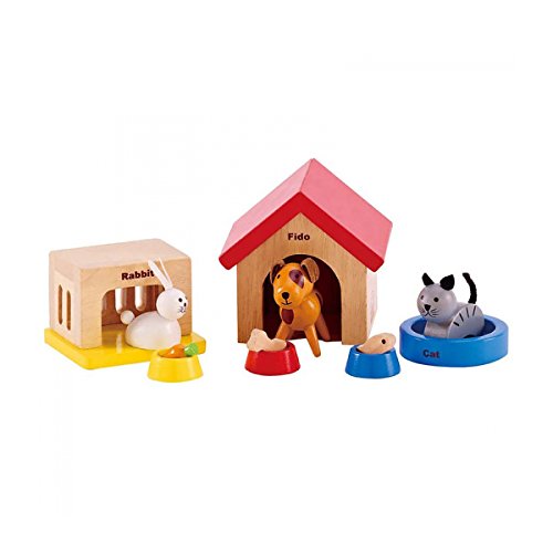 Hape Haustiere für die ganze Familie aus Holz für Puppenhäuser Ergänzung zum Puppenhaus aus Holz mit den fröhlichen Tierfreunden Hund, Katze, Kaninchen und Zubehör von Hape