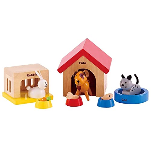 Hape Haustiere für die ganze Familie aus Holz für Puppenhäuser von Hape | Ergänzung mit den fröhlichen Tierfreunden Hund, Katze, Kaninchen und Zubehör von Hape