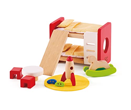 Hape Holz Kinderzimmer Möbel | detailgetreues Kinderzimmer Puppenhaus Möbelset inklusive Stockbett, Tisch, Stühle und Rakete, Klein von Hape