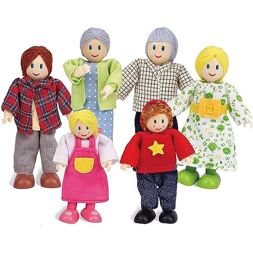 Hape Puppenfamilie Preisgekröntes Puppenfamilien-Set, einzigartiges Zubehör für Puppenhäuser aus Holz, Fantasie-Spiel, 6 Puppenfamilien-Mitglieder von Hape