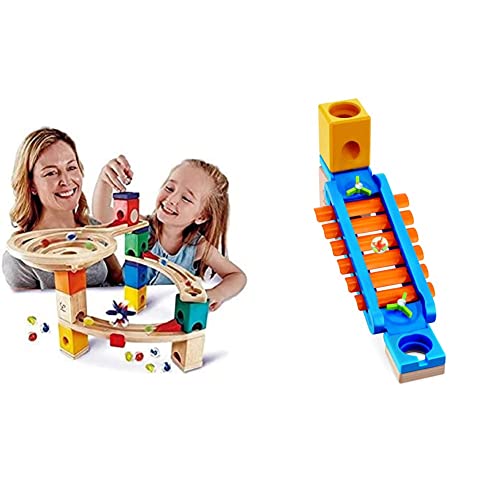 Hape E6021 Starter Set Quadrilla, Kugelbahn mit 27 Bauteilen aus Holz und 30 Murmeln, ab 4 Jahren & Hape E6022 6022 - Klingender Spielplatz, Zubehör für Quadrilla Kugelbahnen, Xylophon-Rutsche von Hape