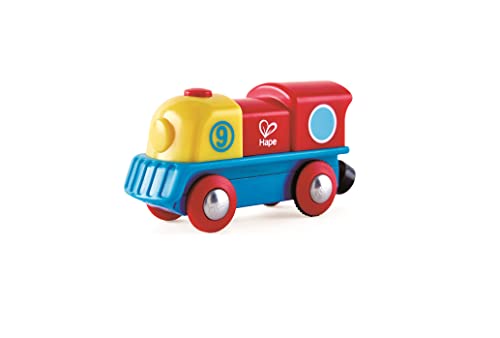 Hape Bunte Lok von Hape | Tapfere kleine Lokomotive von Hape mit Ein-/Ausschaltknopf, außergewöhnliche, batteriebetriebene Lokomotive, Lackierung in rot, gelb und blau von Hape