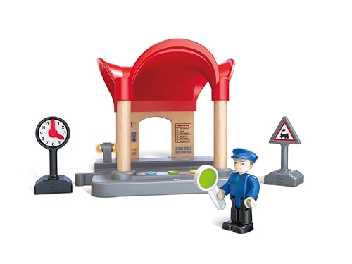 Hape Bahnhof mit Durchsagefunktion, Zubehör für Deine Holzeisenbahn, eigene Bahnhofsansagen aufnehmen und abspielen, ab 3 Jahren von Hape