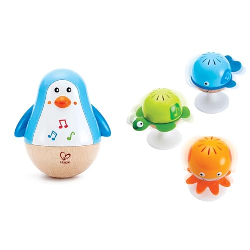 Hape E0331 - Stehauf-Pinguin, Stehaufmännchen mit Klang, blau, ab 6 Monaten & E0330 Saugnapf Rasselset von Hape