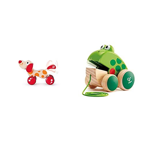 Hape E0347 - Nachziehhund Pepe, Nachziehspielzeug, aus Holz, ab 12 Monate & E0361 Nachziehfrosch Fridolin, Mehrfarbig von Hape