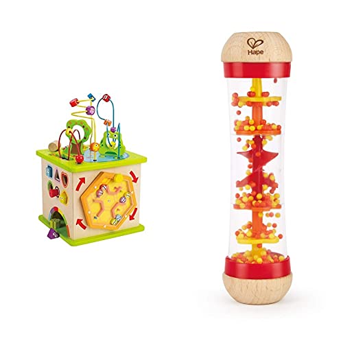 Hape E1810 - Motorikwürfel Kleine Tierchen, aus Holz, ab 12 Monate & Regenmacher | Mini-Rassel aus Holz Regenmacher-Spielzeug, Rot von Hape