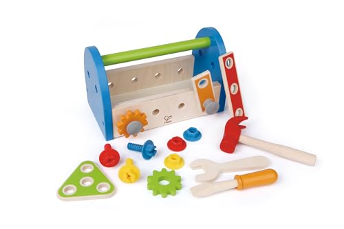 Hape Werkzeugkasten aus Holz mit Zubehör | farbenfrohe Werkbank Hammerspielset für Kinder, Problemlösung, Rollenspiel, 17-teilig von Hape