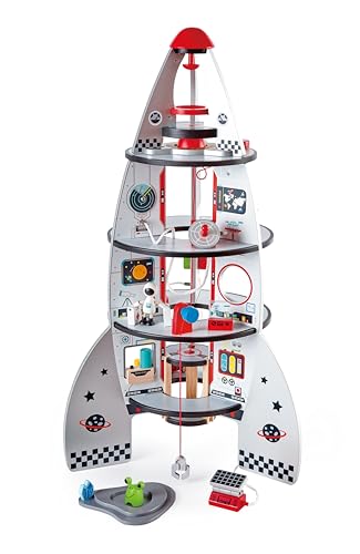 Hape Vierstufenrakete Spielset für Kleinkinder | Preisgekröntes Spielzeug-Raumschiff aus Holz mit wirklichkeitsnahem Design, 20-teiliges Raketen- und Raumfahrtzentrum, inklusive Raumfahrzeug von Hape