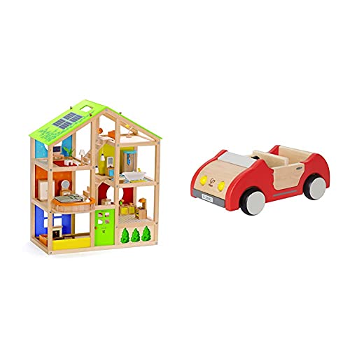 Hape E3401 - Vier-Jahreszeiten Haus (möbliert), Puppenhaus mit Zubehör, aus Holz & E3475 - Puppenhaus Zubehör Familienauto von Hape