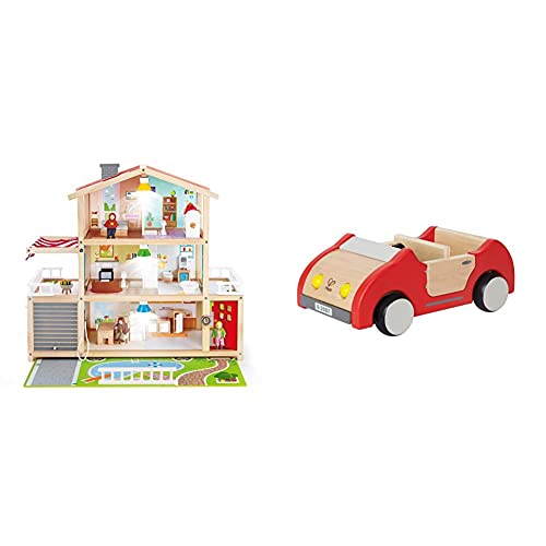 Hape E3405 - Puppen-Villa, Puppenhaus mit Zubehör, aus Holz & E3475 - Puppenhaus Zubehör Familienauto von Hape