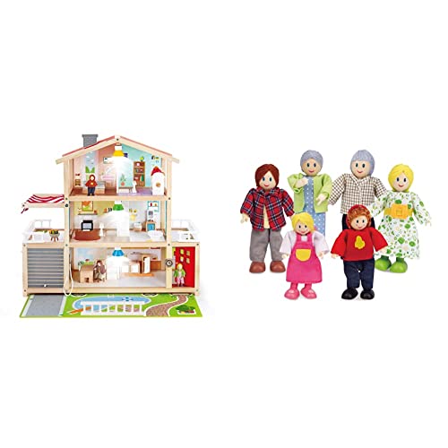 Hape E3405 - Puppen-Villa, Puppenhaus mit Zubehör, aus Holz & E3500 - Puppenfamilie, helle Haut von Hape