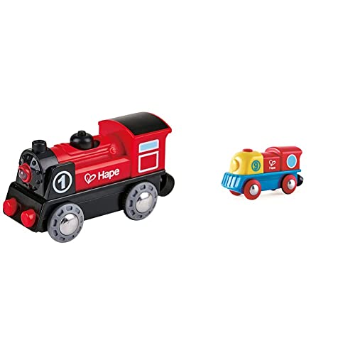 Hape E3703 Eisenbahn Batteriebetriebene Lokomotive Nr. 1, Rot/Schwarz & Bunte Lok Tapfere kleine Lokomotive Ausschaltknopf, Lokomotive, Lackierung in rot, gelb und blau von Hape