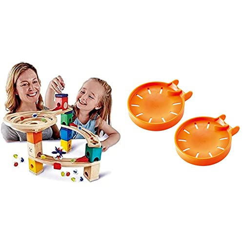 Hape E6021 Starter Set Quadrilla, Kugelbahn mit 27 Bauteilen aus Holz und 30 Murmeln, ab 4 Jahren & E6030 - Murmel-Stopp Doppelpack, Zubehör für Quadrilla Kugelbahnen, ab 4 Jahren, orange von Hape