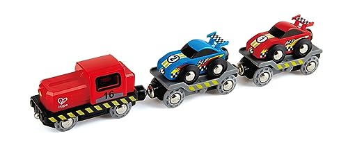 Hape Eisenbahn Rennwagen-Transporter, Frachtzug ab 3 Jahren, Eisenbahn von Hape