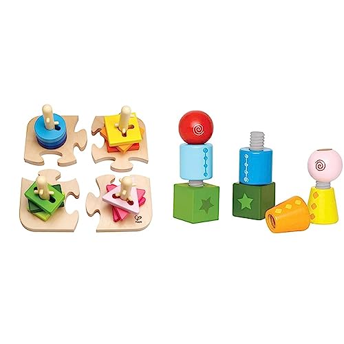 Hape Kreatives Steckpuzzle von Hape | Holz Stapelspiel Problemlösungspuzzle für Kleinkinder, Stapelspiel mit verschiedenen Formen, Feste Stäbe und helle Farben & E0416 - Schraubklötze von Hape