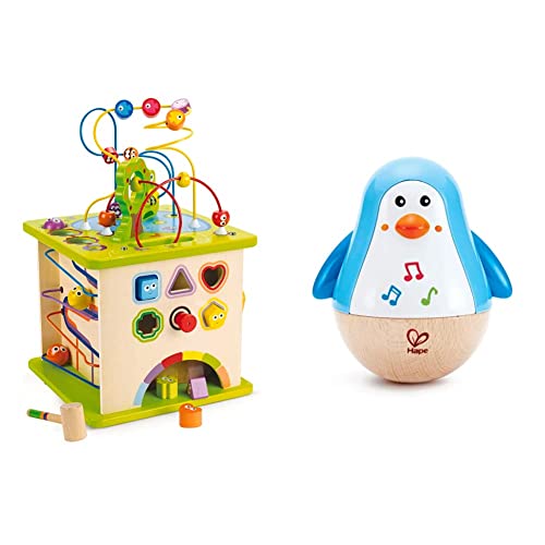 Hape Motorikwürfel „Kleine Tierchen“ aus Holz Multifunktions-Spielwürfel & Penguin Musical Wobbler 6m+ von Hape