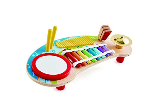 Hape Multifunktionale Miniband, Musikspielzeug für Kleinkinder mit Trommel, Xylophon, Becken, Scratchboard und Klapper von Hape