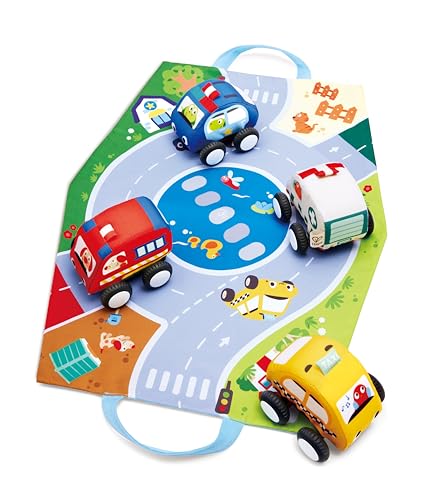 Hape Plüschauto-Set mit Rückziehmotor, bestehend aus Feuerwehrauto, Polizeiauto, Krankenwagen und Taxi mit ausklappbare Aufbewahrungstasche - gleichzeitig Spielmatte Hape Plüschauto-Set mit Rückziehmotor, bestehend aus Feuerwehrauto, Polizeiauto, Krankenwagen und Taxi mit ausklappbare Aufbewahrungstasche - gleichzeitig Spielmatte von Hape
