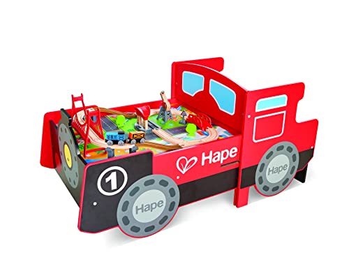 Hape Rutscher Motortisch | Eisenbahn Spielset aus Holz mit Motorstil | Verstaubarer Tisch | Sounds & Lichter | Zubehör | ab 3 Jahren, E3769 von Hape