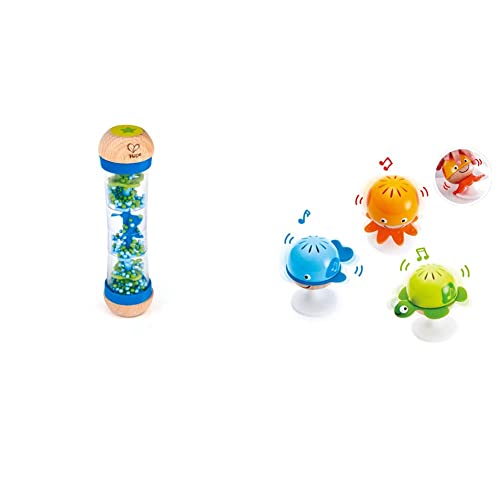 Hape Saugknopf Rasselset | DREI Wassertiere mit Beißringelementen | Lernspielzeug-Set für Babys & Regenmacher | Mini-Rassel aus Holz Regenmacher-Spielzeug, Blau von Hape