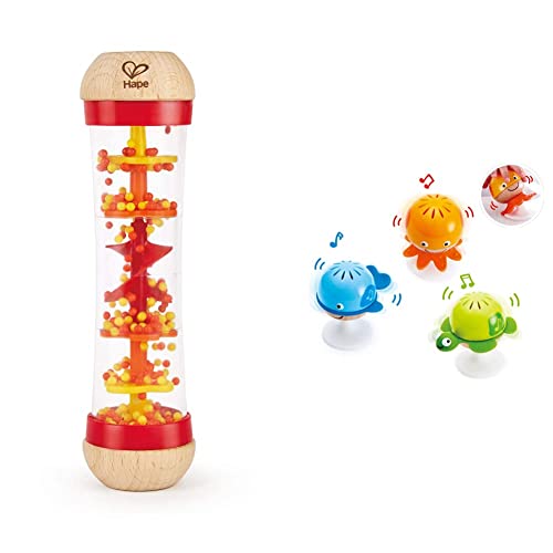 Hape Saugknopf Rasselset | DREI Wassertiere mit Beißringelementen | Lernspielzeug-Set für Babys & Regenmacher | Mini-Rassel aus Holz Regenmacher-Spielzeug, Rot von Hape
