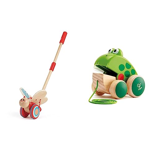 Hape Schiebetier Schmetterling mit bewegenden Flügeln aus Holz & Nachziehfrosch Fridolin von Hape | Holzfrosch Fliegen fressendes Nachzieh-Spielzeug für Kleinkinder, leuchtende Farben von Hape