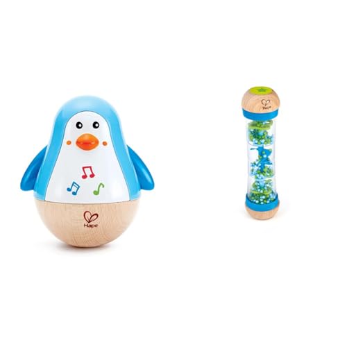 Hape Stehauf-Pinguin | Farbiger Stehauf-Pinguin mit Melodie, Stehauf-Spielzeug für Kinder im Alter von 6 Monaten und älter & Regenmacher | Mini-Rassel aus Holz Regenmacher-Spielzeug, Blau von Hape