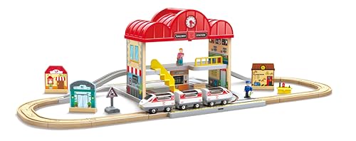 Hape Tragbares Eisenbahnhof-Set aus Holz, Züge für Kinder, Schienen, Bahnhof und Figuren, leicht zu tragen Hape Tragbares Eisenbahnhof-Set aus Holz, Züge für Kinder, Schienen, Bahnhof und Figuren, leicht zu tragen von Hape