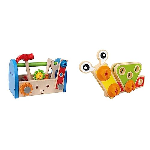 Hape Werkzeugkasten aus Holz mit Zubehör | farbenfrohe Werkbank Hammerspielset für Kinder, Problemlösung, Rollenspiel, 17-teilig & Baustein und Tüftler Set mit 42 Teilen, ab 3 Jahren von Hape