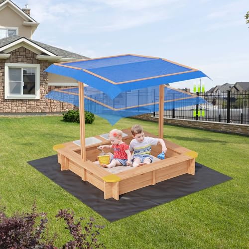 Sandkasten mit Dach, 100x68x103cm Sandkiste Holz rechteckig mit Sonnenschutz, Seiteneimer und Drainage-Liner, Sandbox für Outdoor und Garten geeignet von Hapihom