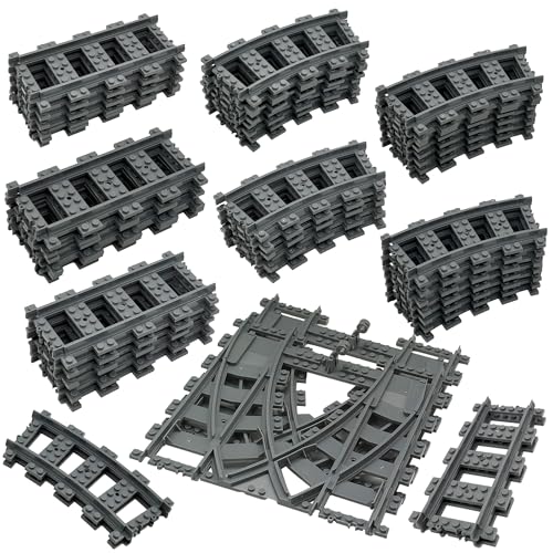 Hapoyxm 54 Stück City Eisenbahn Schienen for Train,Bausteine Zug Schienen Set mit 32 Kurven Schienen, 20 Gerade Schienen und 2 Weichenschienen Kompatibel mit dem Marktführer von Hapoyxm