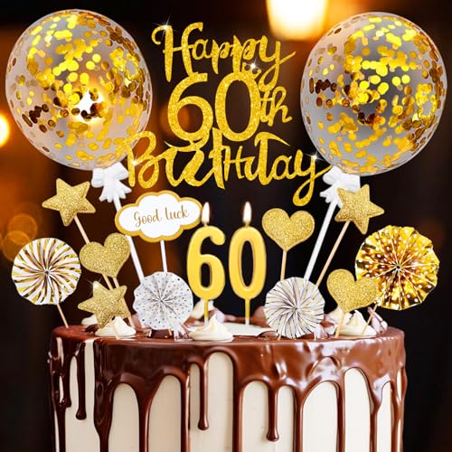 Tortendeko 60 Geburtstag, 20 Pcs Cake Topper Gold 60. Geburtstag Deko, Happy 60th Birthday mit Geburtstagskerzen, Kuchen Deko für 60.ter Mann Frau von Happirra