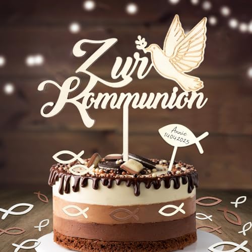 Tortendeko Kommunion, Cake Topper Kommunion Holz & 36 Stück Holz Fische Streudeko Tischdeko & Fisch Kreuz Kuchen Deko, Erstkommunion Deko Junge Mädchen Geschenke Gastgeschenke, Kommunionsgeschenke von Happirra
