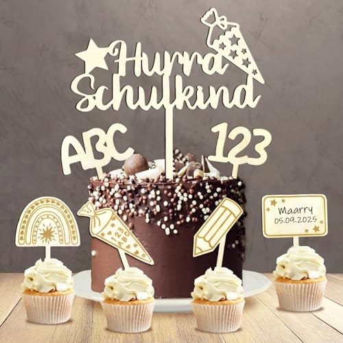 Einschulung Tortendeko, 6 STK Cake Topper Hurra Schulkind Holz Kuchendeko Schulanfang, ABC 123 Kuchen Deko Schulkind 2025 Einschulung Junge Mädchen Geschenk Einschulung Tortendeko, 6 STK Cake Topper Hurra Schulkind Holz Kuchendeko Schulanfang, ABC 123 Kuchen Deko Schulkind 2025 Einschulung Junge Mädchen Geschenk von Happirra
