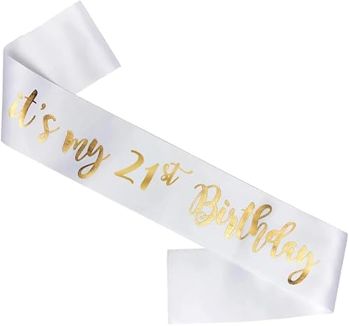 Happium Geburtstag Schärpe It's My 21st Birthday Satin Schärpe für Geburtstag Schärpe Happy 21 Age Birthday Dekoration Party Schärpe Satin Gold auf Weiß von Happium